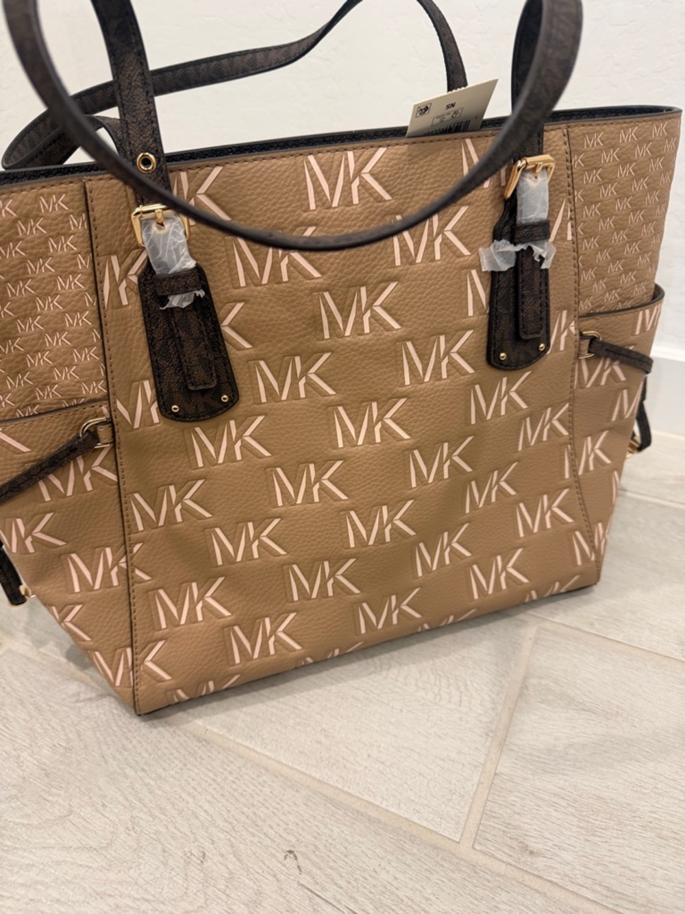 Michael Kors Tan MK Logo Shoulder Tote with Brown Trim - Picture 3 of 6
